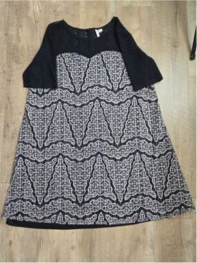 Cato Black White Geometric Lace Knit Overlay Shift Dress Large Shift L